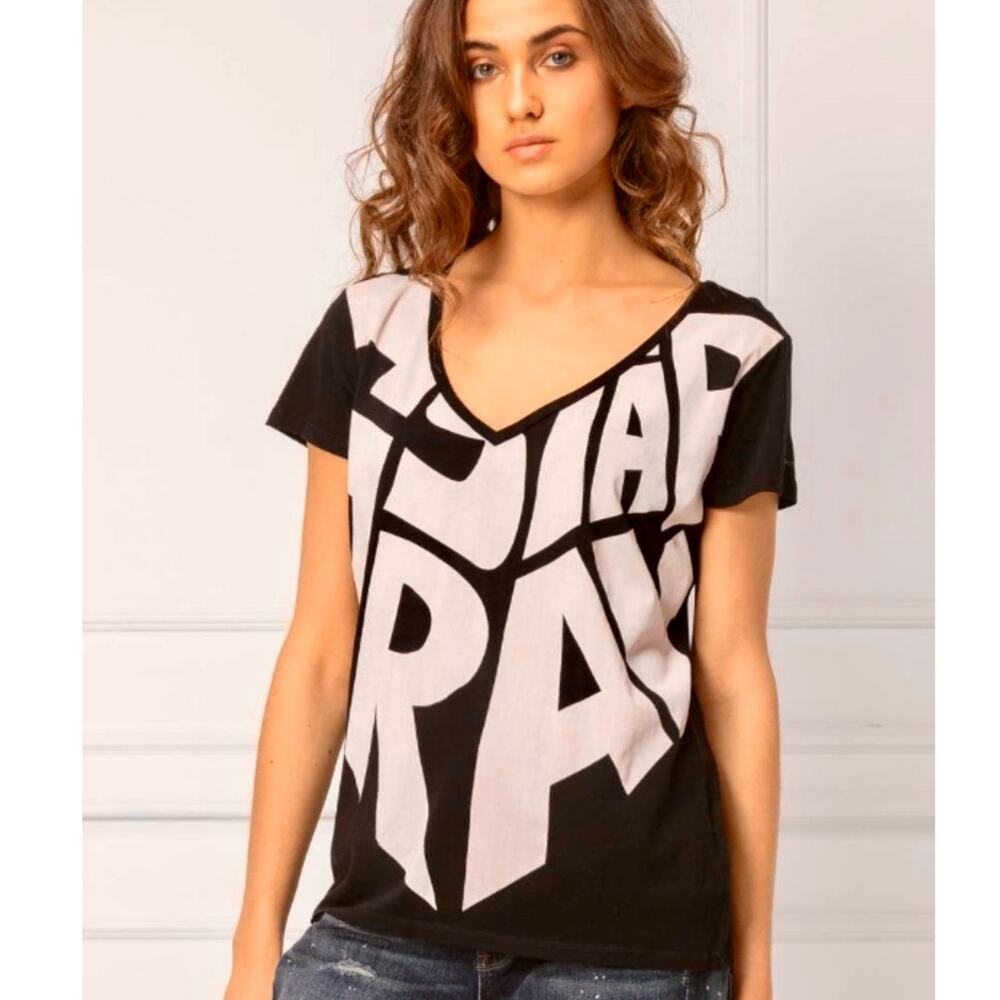 G-Star Raw Graphic 50 V-Neck Tee Womens Small Black Casual T-Shirt Knit Top